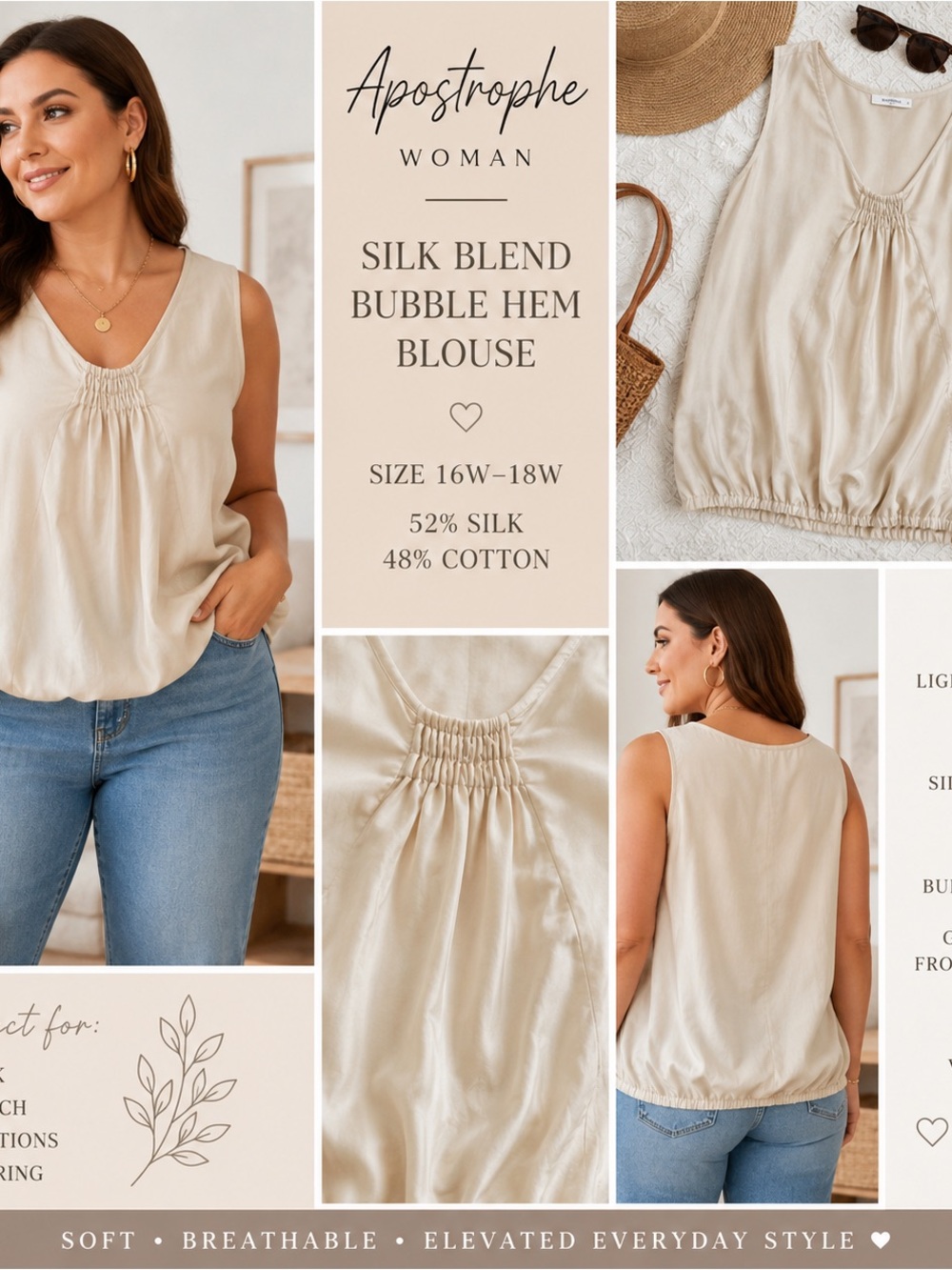 Apostrophe Blouse 16W 18W Beige Silk Cotton Sleeveless Bubble Hem Minimalist Y2K